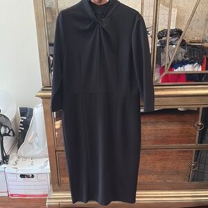 Black Tie Front Long Sleeve Sheath Dress with Mock Neck for Work